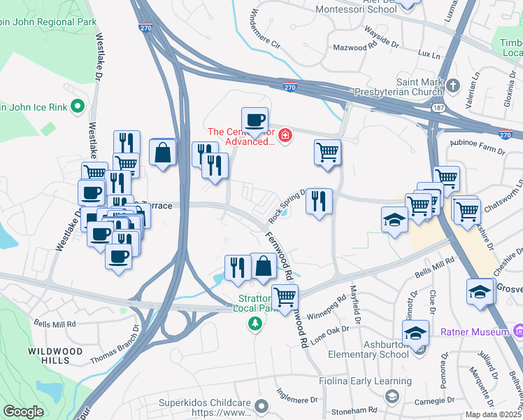 map of restaurants, bars, coffee shops, grocery stores, and more near 6640 Eames Way in Bethesda
