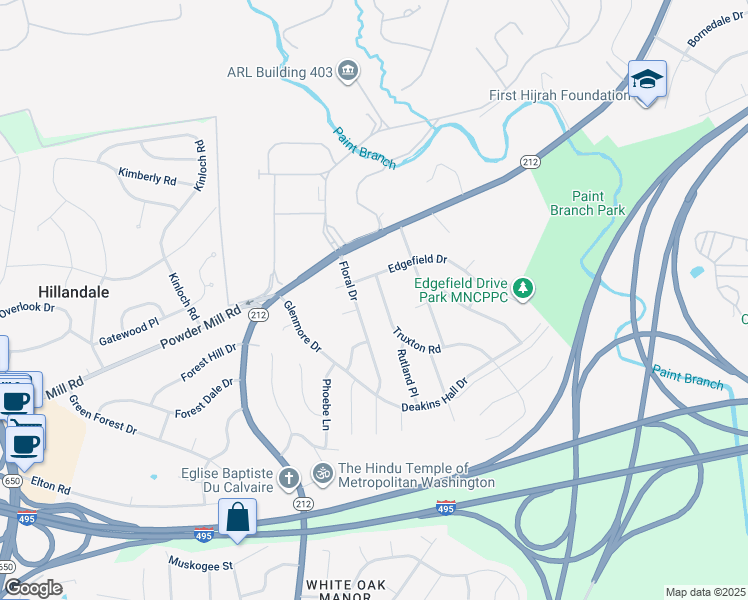 map of restaurants, bars, coffee shops, grocery stores, and more near 10520 Truxton Road in Adelphi