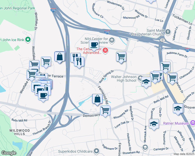 map of restaurants, bars, coffee shops, grocery stores, and more near 6636 Eames Way in Bethesda