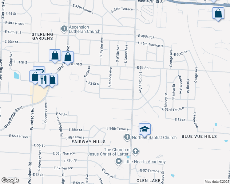 map of restaurants, bars, coffee shops, grocery stores, and more near 12308 East 53 Street in Kansas City