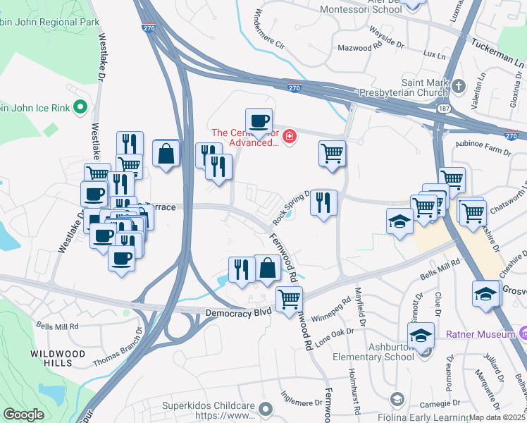 map of restaurants, bars, coffee shops, grocery stores, and more near 6646 Eames Way in Bethesda