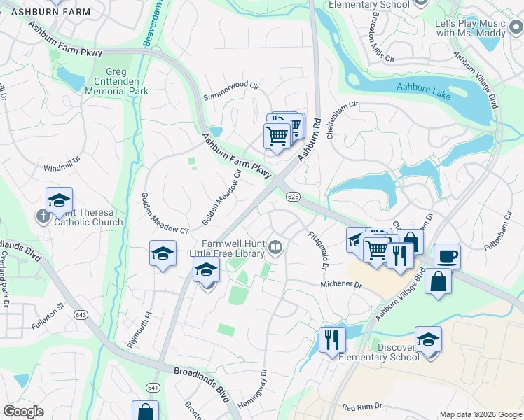 map of restaurants, bars, coffee shops, grocery stores, and more near 43748 Clemens Terrace in Ashburn