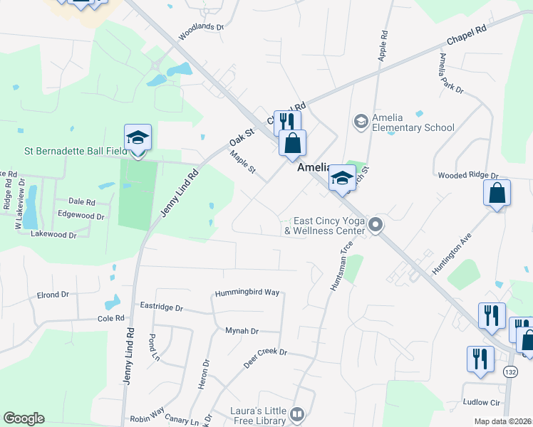 map of restaurants, bars, coffee shops, grocery stores, and more near 45 Floral Avenue in Amelia