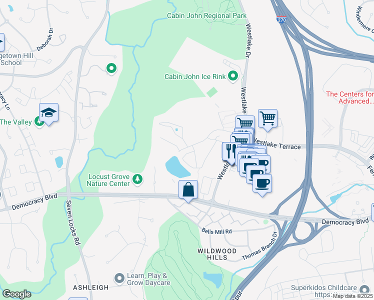 map of restaurants, bars, coffee shops, grocery stores, and more near 7524 Westlake Terrace in Bethesda