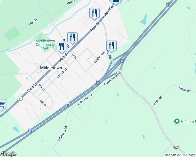 map of restaurants, bars, coffee shops, grocery stores, and more near 2105 1st Street in Middletown