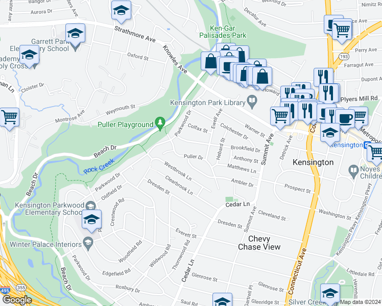 map of restaurants, bars, coffee shops, grocery stores, and more near 4421 Puller Drive in Kensington