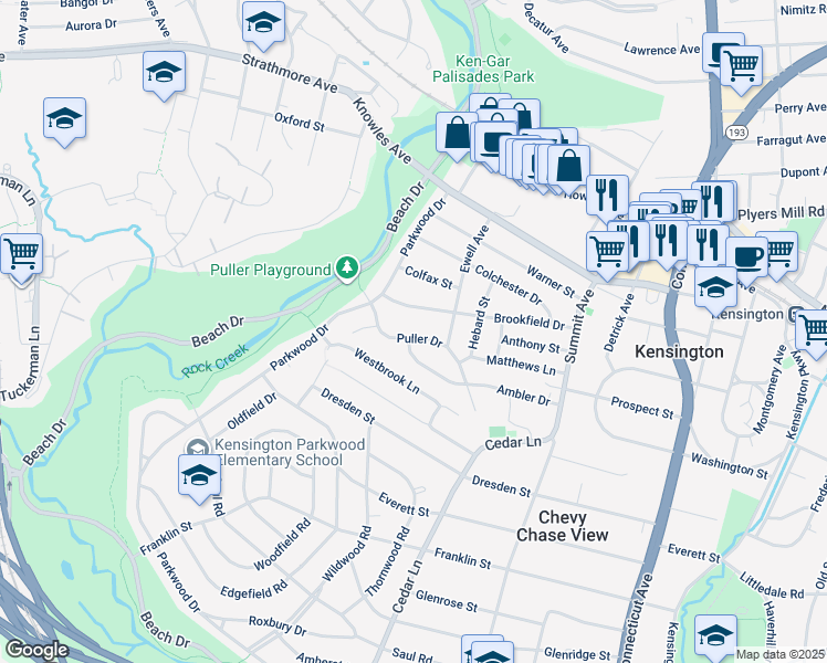 map of restaurants, bars, coffee shops, grocery stores, and more near 4421 Puller Drive in Kensington