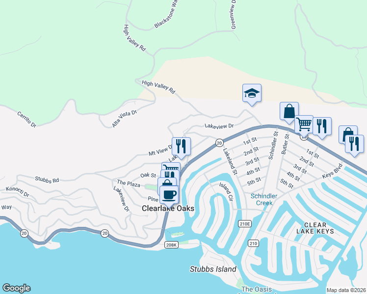 map of restaurants, bars, coffee shops, grocery stores, and more near 12637 Lakeview Drive in Clearlake Oaks