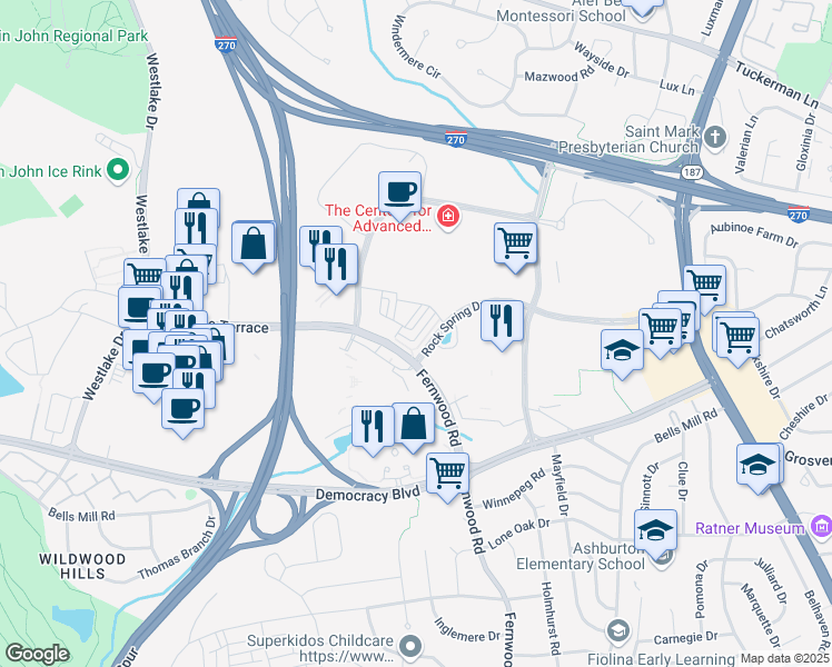 map of restaurants, bars, coffee shops, grocery stores, and more near 6634 Eames Way in Bethesda