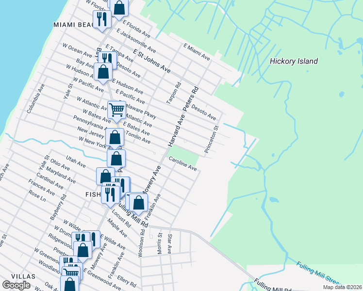 map of restaurants, bars, coffee shops, grocery stores, and more near 201 East Atlantic Avenue in Villas
