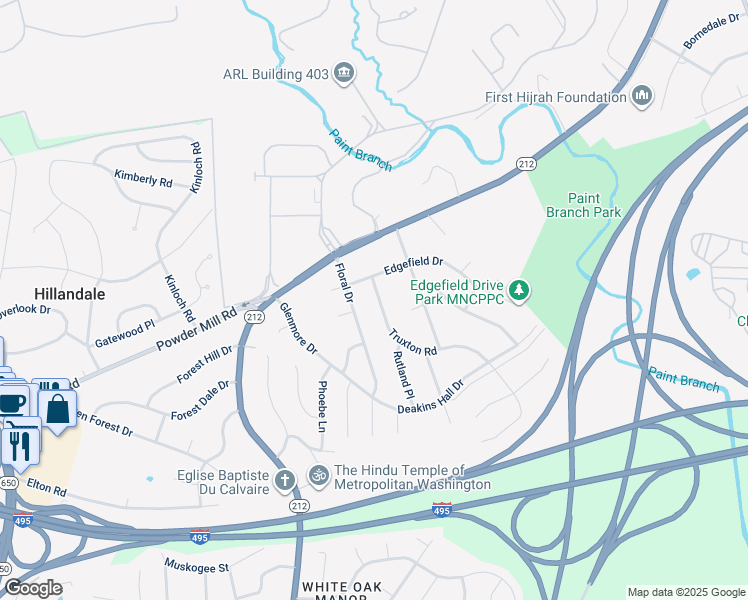 map of restaurants, bars, coffee shops, grocery stores, and more near 10520 Truxton Road in Adelphi