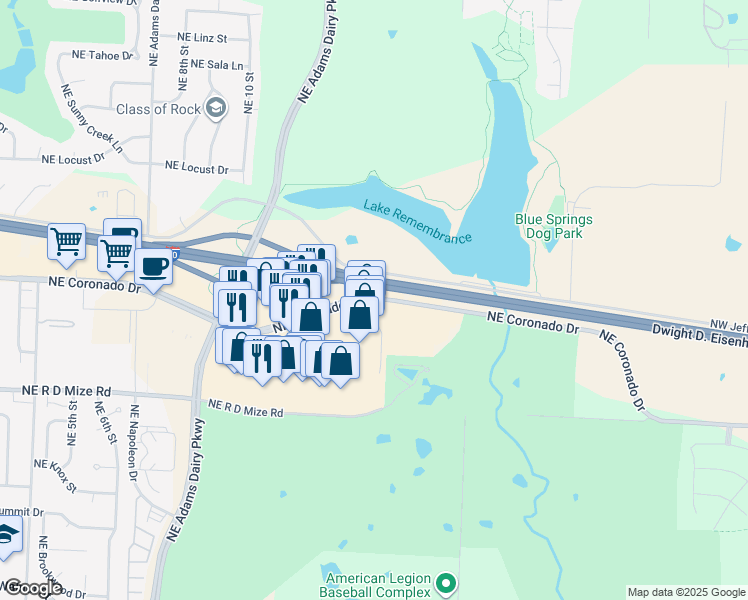 map of restaurants, bars, coffee shops, grocery stores, and more near 1280 Northeast Coronado Drive in Blue Springs