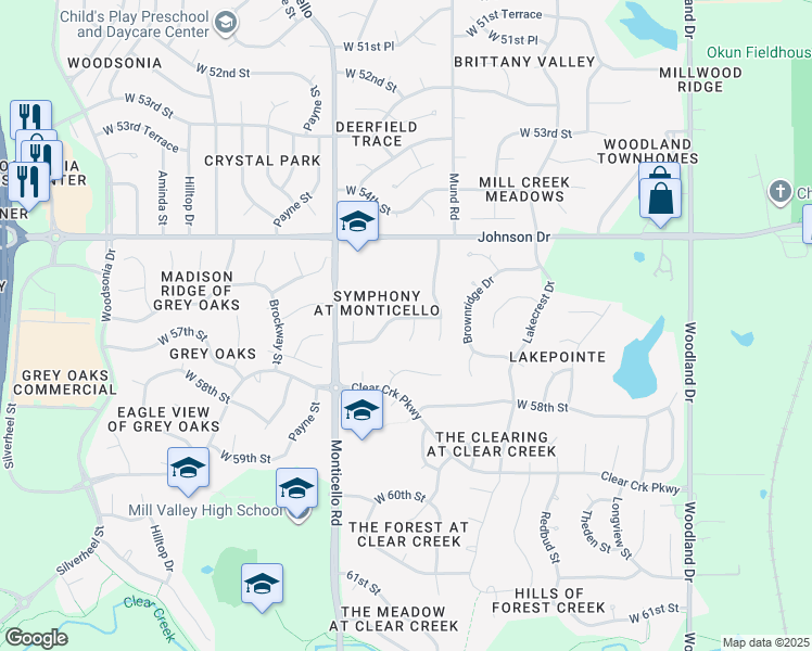 map of restaurants, bars, coffee shops, grocery stores, and more near 5600 Millridge Street in Shawnee