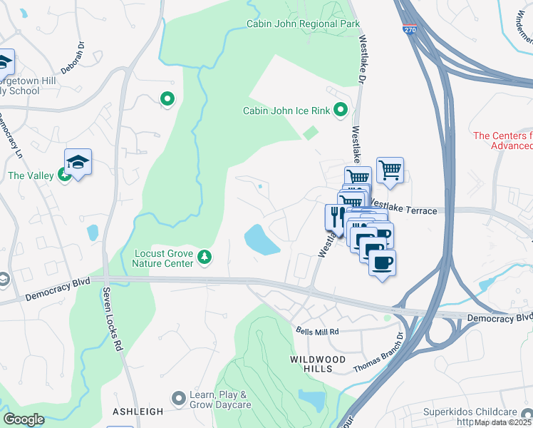 map of restaurants, bars, coffee shops, grocery stores, and more near 10408 Parthenon Court in Bethesda