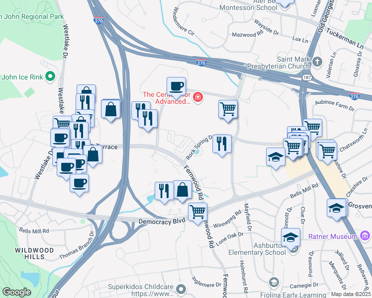 map of restaurants, bars, coffee shops, grocery stores, and more near 6579 Rock Spring Drive in Bethesda
