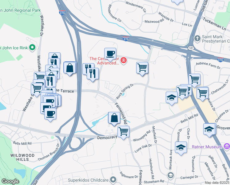 map of restaurants, bars, coffee shops, grocery stores, and more near 6632 Eames Way in Bethesda
