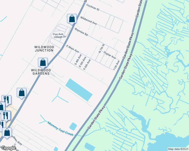 map of restaurants, bars, coffee shops, grocery stores, and more near 802 East Edgewood Avenue in Middle Township