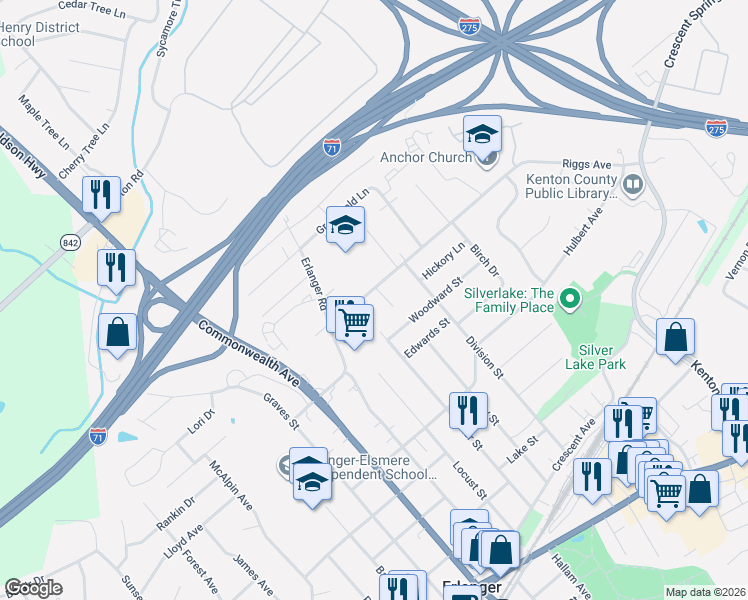 map of restaurants, bars, coffee shops, grocery stores, and more near 3213 Riggs Road in Erlanger