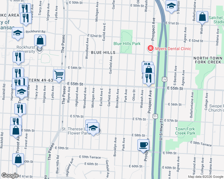 map of restaurants, bars, coffee shops, grocery stores, and more near 5438 Brooklyn Avenue in Kansas City