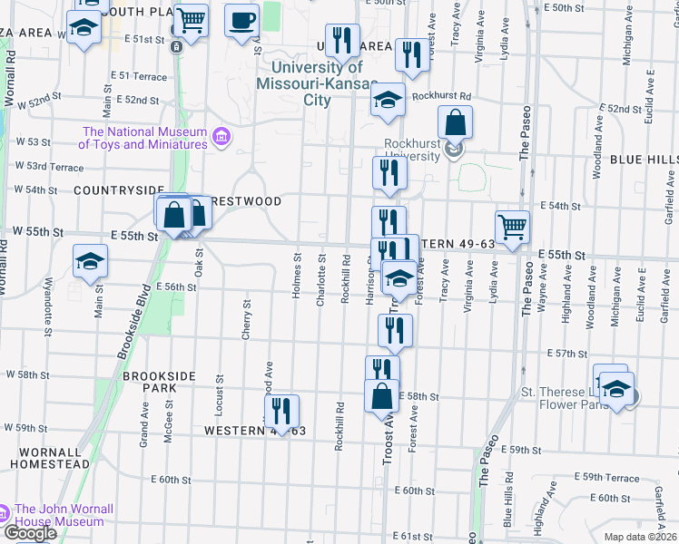map of restaurants, bars, coffee shops, grocery stores, and more near 5504 Rockhill Road in Kansas City