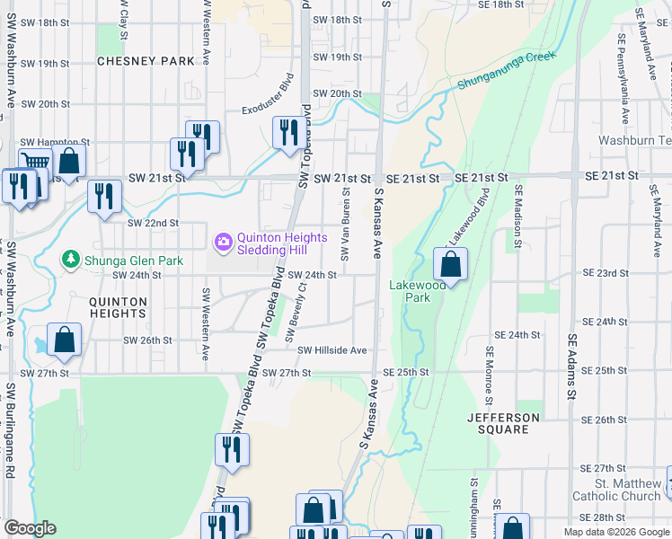 map of restaurants, bars, coffee shops, grocery stores, and more near 2322 Southwest Harrison Street in Topeka