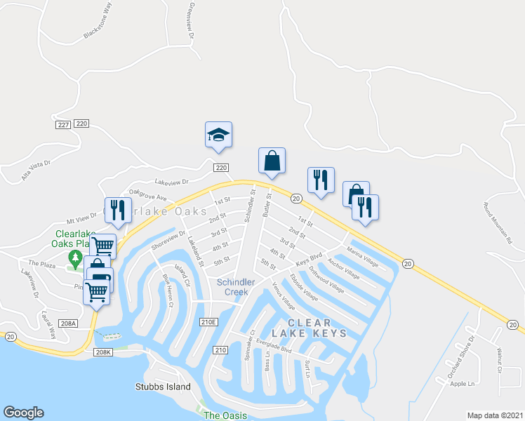 map of restaurants, bars, coffee shops, grocery stores, and more near 145 Butler Street in Clearlake Oaks
