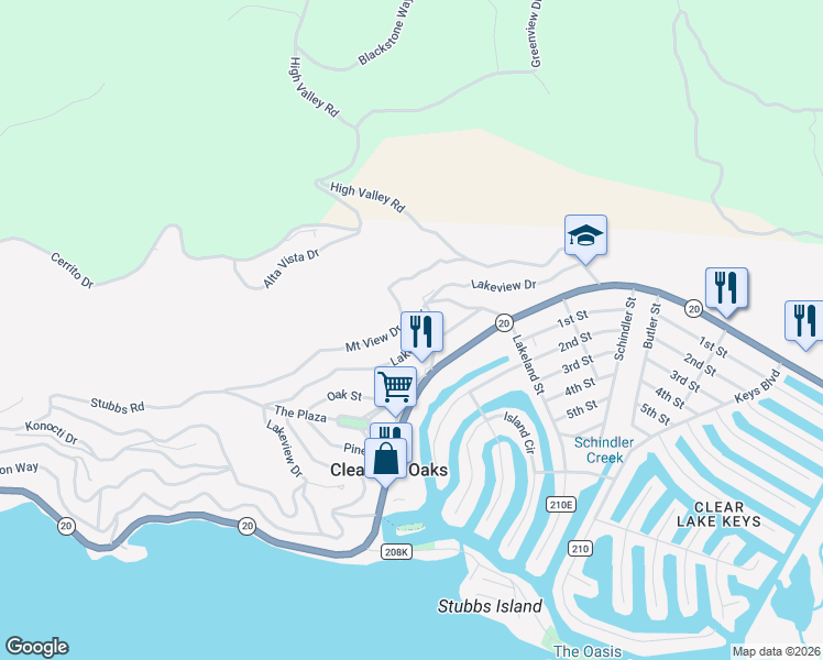 map of restaurants, bars, coffee shops, grocery stores, and more near 12636 Lakeview Drive in Clearlake Oaks