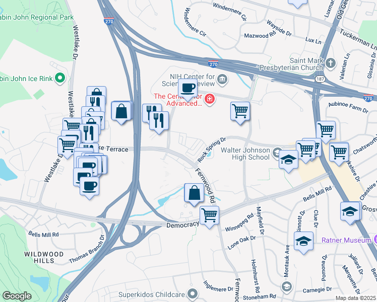 map of restaurants, bars, coffee shops, grocery stores, and more near 6654 Eames Way in Bethesda