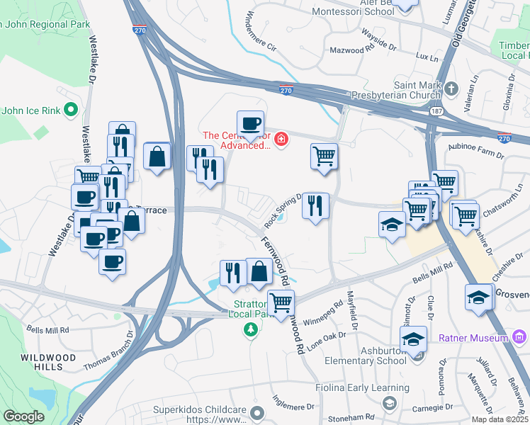 map of restaurants, bars, coffee shops, grocery stores, and more near 6581 Rock Spring Drive in Bethesda