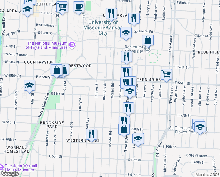 map of restaurants, bars, coffee shops, grocery stores, and more near 5504 Rockhill Road in Kansas City