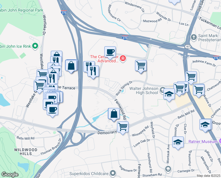 map of restaurants, bars, coffee shops, grocery stores, and more near 6654 Eames Way in Bethesda