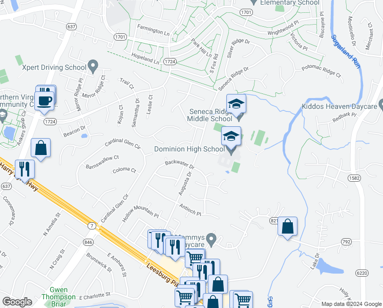 map of restaurants, bars, coffee shops, grocery stores, and more near 21260 Bullrush Place in Sterling