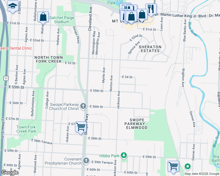 map of restaurants, bars, coffee shops, grocery stores, and more near 5419 Norton Avenue in Kansas City