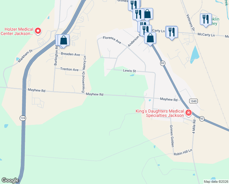 map of restaurants, bars, coffee shops, grocery stores, and more near 1951 Mayhew Road in Jackson