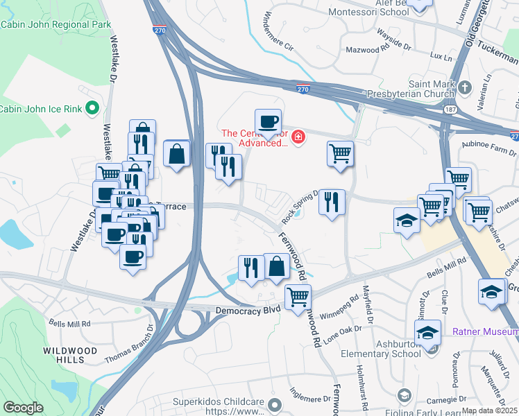 map of restaurants, bars, coffee shops, grocery stores, and more near 6674 Eames Way in Bethesda