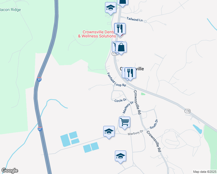 map of restaurants, bars, coffee shops, grocery stores, and more near 50 Community Place in Crownsville
