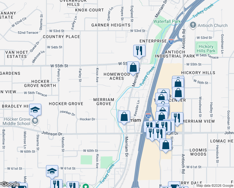 map of restaurants, bars, coffee shops, grocery stores, and more near 5623 Hayes Avenue in Merriam
