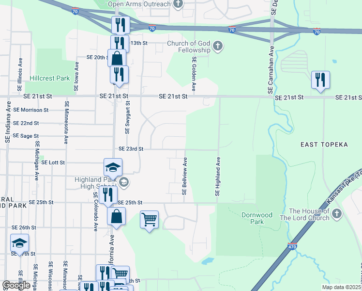 map of restaurants, bars, coffee shops, grocery stores, and more near 2316 Southeast 23rd Street in Topeka