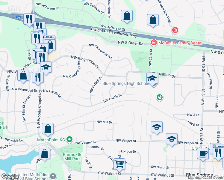 map of restaurants, bars, coffee shops, grocery stores, and more near 804 Northwest Camelot Place in Blue Springs