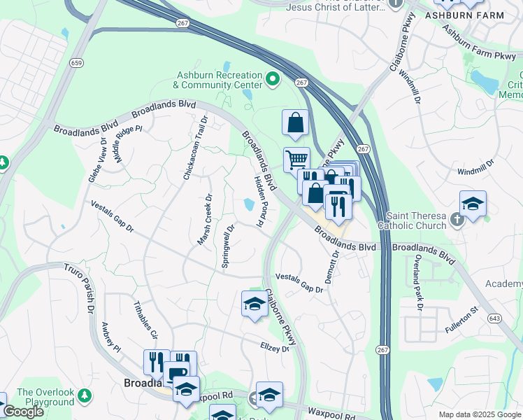 map of restaurants, bars, coffee shops, grocery stores, and more near 21341 Hidden Pond Place in Broadlands