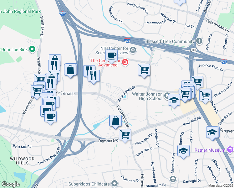 map of restaurants, bars, coffee shops, grocery stores, and more near 6628 Eames Way in Bethesda