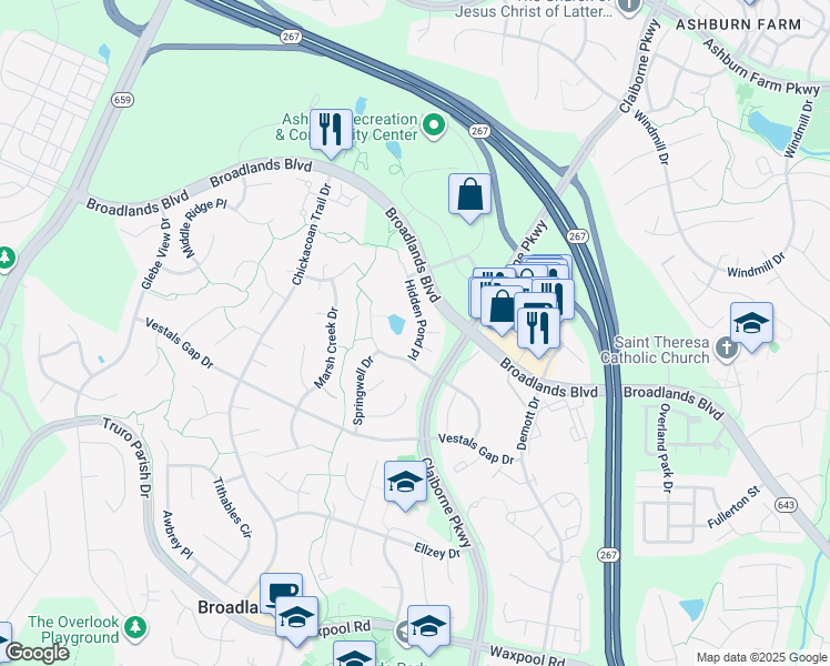 map of restaurants, bars, coffee shops, grocery stores, and more near 21341 Hidden Pond Place in Broadlands