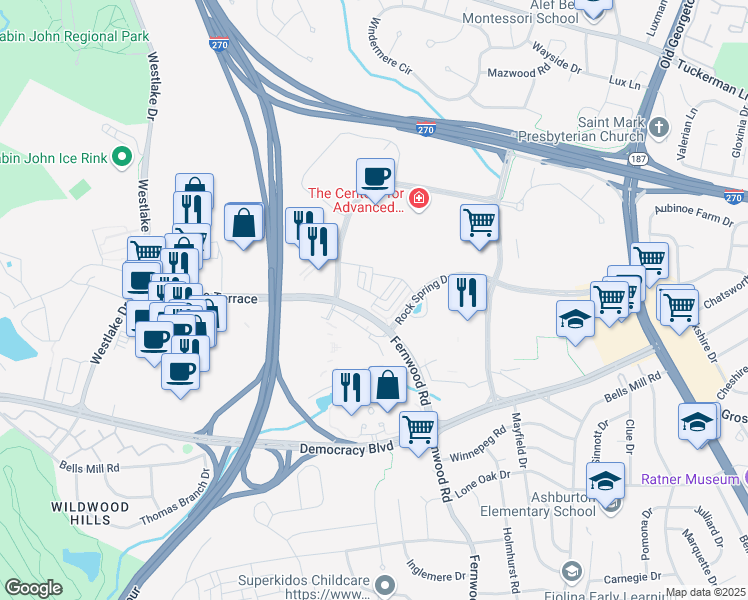 map of restaurants, bars, coffee shops, grocery stores, and more near 6660 Eames Way in Bethesda