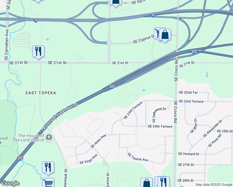 map of restaurants, bars, coffee shops, grocery stores, and more near Kansas Turnpike in Tecumseh
