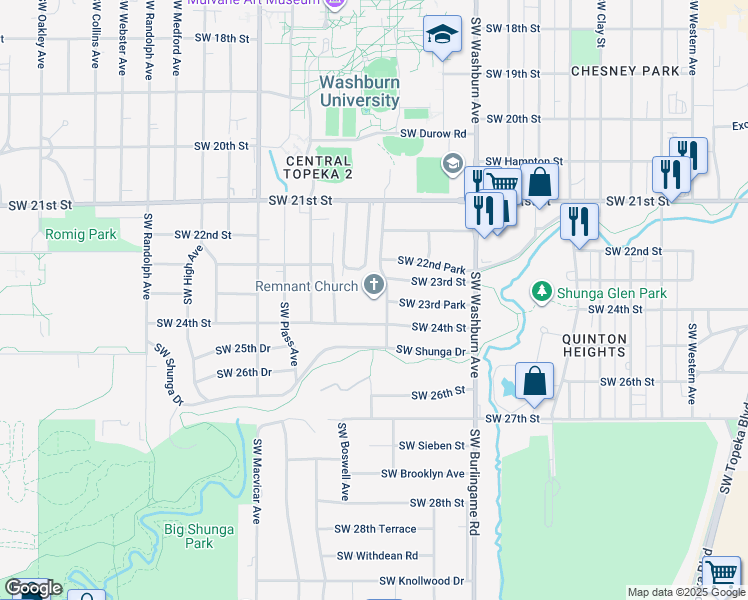 map of restaurants, bars, coffee shops, grocery stores, and more near 2303 Southwest College Avenue in Topeka