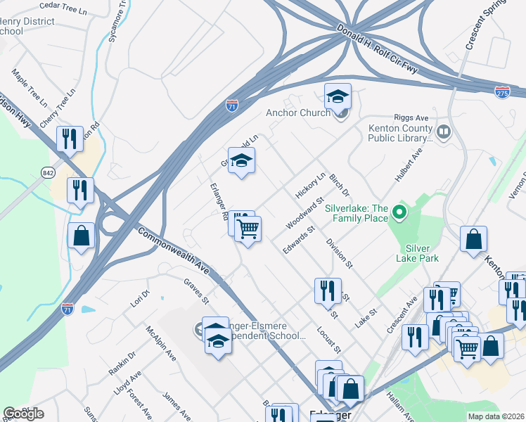map of restaurants, bars, coffee shops, grocery stores, and more near 3213 Riggs Road in Erlanger