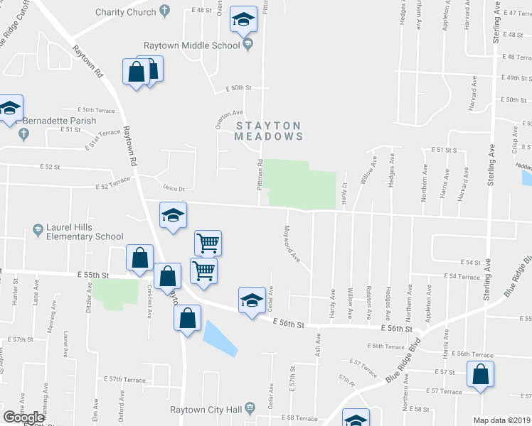 map of restaurants, bars, coffee shops, grocery stores, and more near 9912 East 53 Street in Raytown