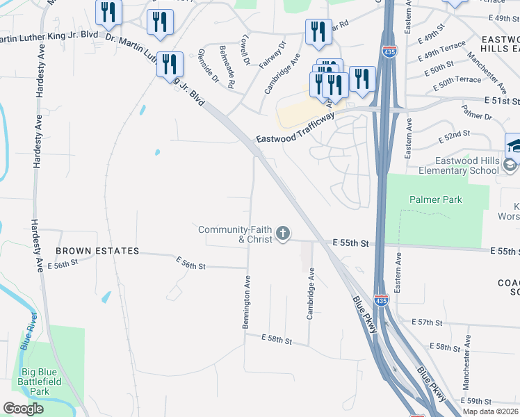 map of restaurants, bars, coffee shops, grocery stores, and more near 5205 Bennington Avenue in Kansas City