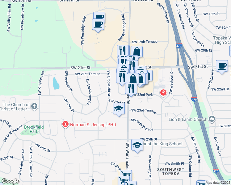 map of restaurants, bars, coffee shops, grocery stores, and more near 2202 Southwest Brookfield Street in Topeka
