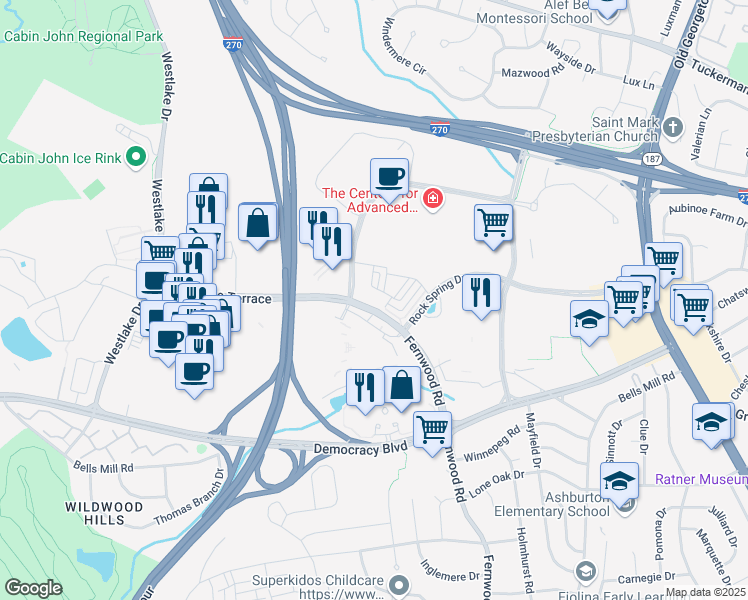 map of restaurants, bars, coffee shops, grocery stores, and more near 10441 Fernwood Road in Bethesda